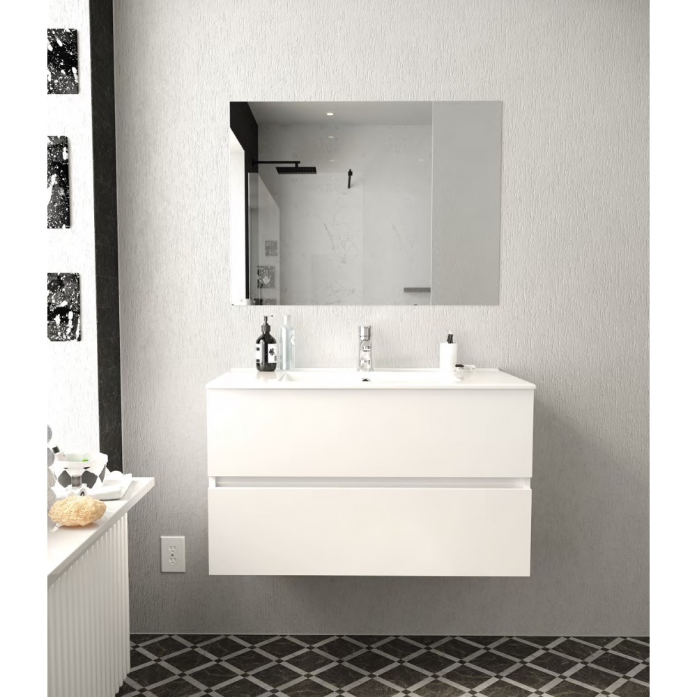 Mobile bagno sospeso da 70 cm bianco lucido con lavabo in porcellana e  specchio - Medora